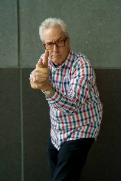 Old Man Angry Expression Pointing Fake Hand Gun — Stock Photo, Image