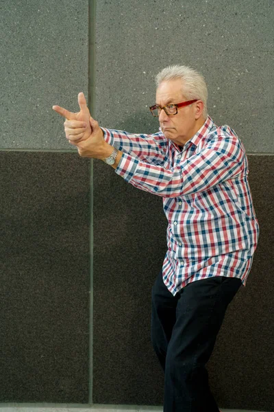 Man Pointing Fake Finger Gun Away Camera — Stock Photo, Image