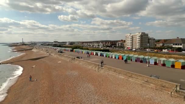 Aerial Video Hove Beach Huts Brighton Beach — Αρχείο Βίντεο