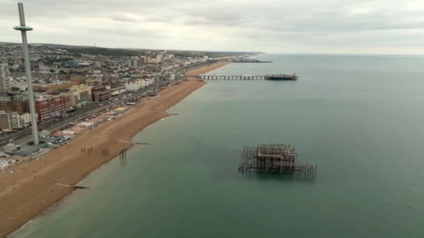 Aerial Drone Video Brighton West Pier Strand Egyesült Királyság Július — Stock videók