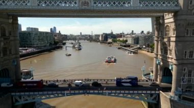 Aerial pull out reveal Tower Bridge London 4k