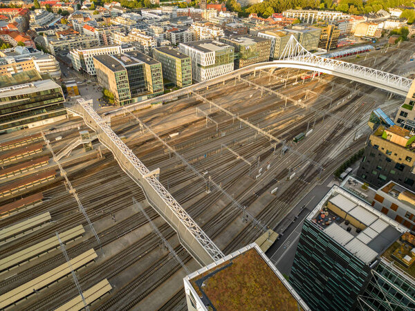 Aerial photo railroad tracks at Oslo Central Station train depot