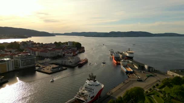 Aerial Footage Sunset Port Bergen Norway — Stock Video