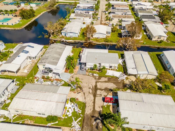 Aerial drone photo of mobile home trailer parks in Fort Myers FL which sustained damage from Hurricane Ian