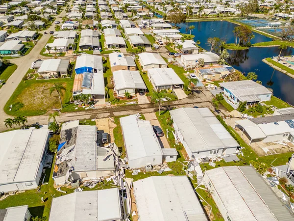 Aerial drone photo of mobile home trailer parks in Fort Myers FL which sustained damage from Hurricane Ian