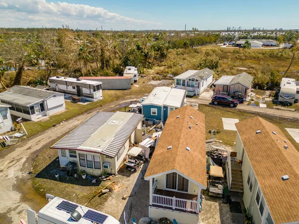 Aerial drone photo of mobile home trailer parks in Fort Myers FL which sustained damage from Hurricane Ian