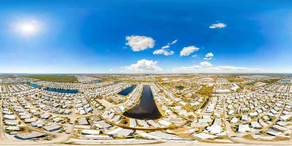 Aerial 360 vr photo mobile home park in Fort Myers with debris and damage from Hurricane Ian