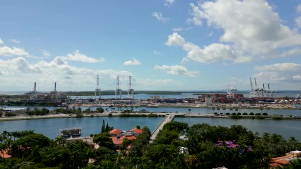 Αεροπλάνο Σουτ Port Miami Cranes Macarthur Causeway Και Star Island — Αρχείο Βίντεο