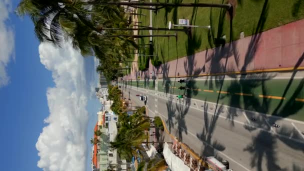 Luchtdrone Nadert Vrienden Fiets Miami Beach Verticale Video — Stockvideo