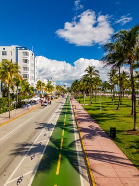 Ocean Drive Miami Beach yeşile boyanmış iki şeritli bisiklet yolları