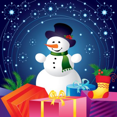 Kardan adam ve hediyelerle dolu Noel kartı.