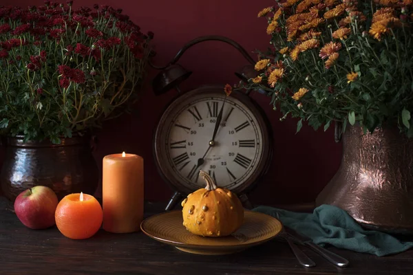 Mesa Acción Gracias Decoración Otoño Con Calabazas — Foto de Stock