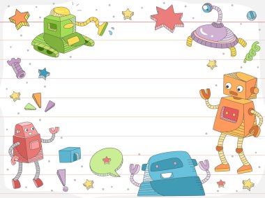 Robot çizgili kağıt arka plan üzerinde doodles