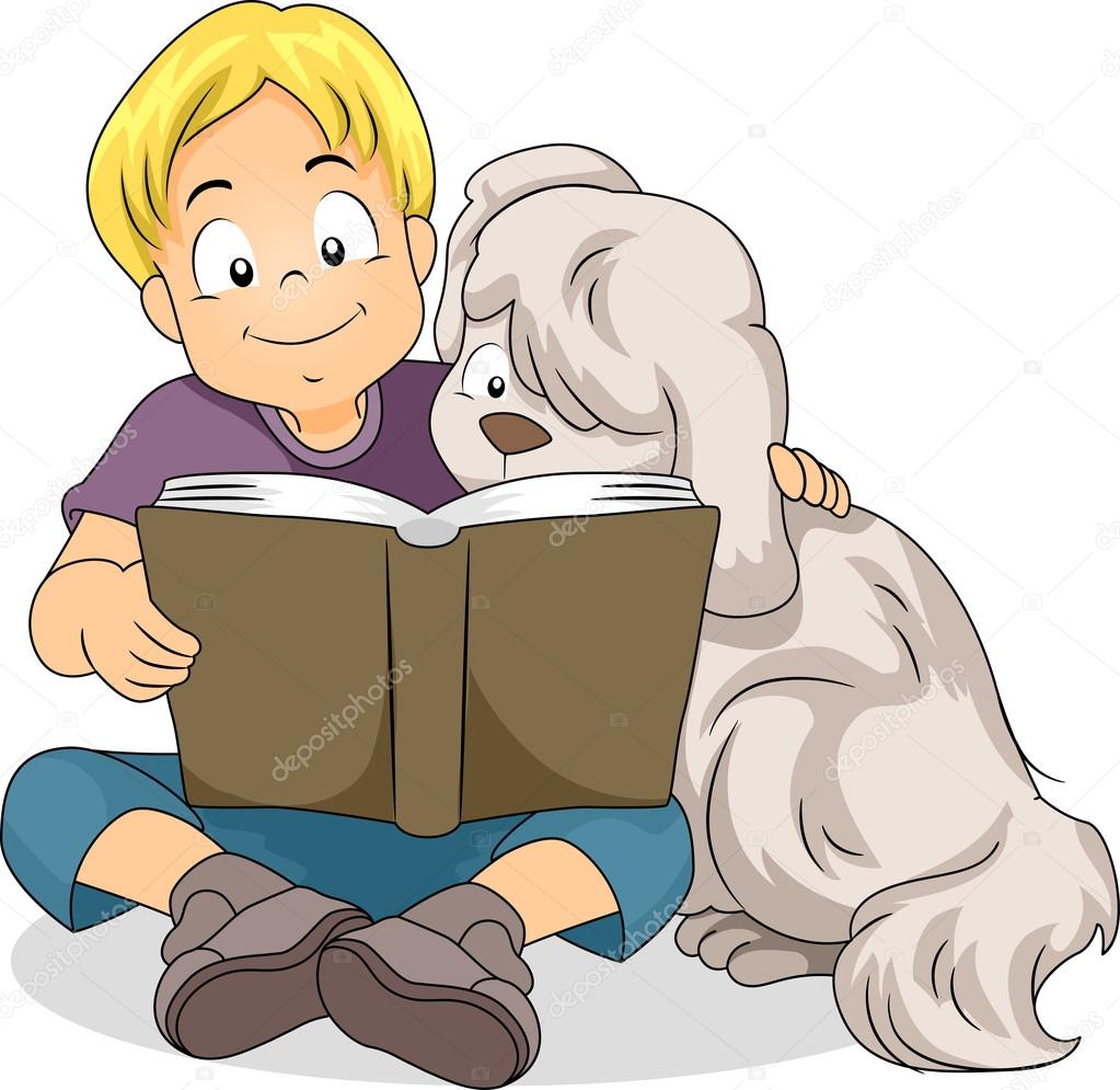 Boy Reading with His Dog
