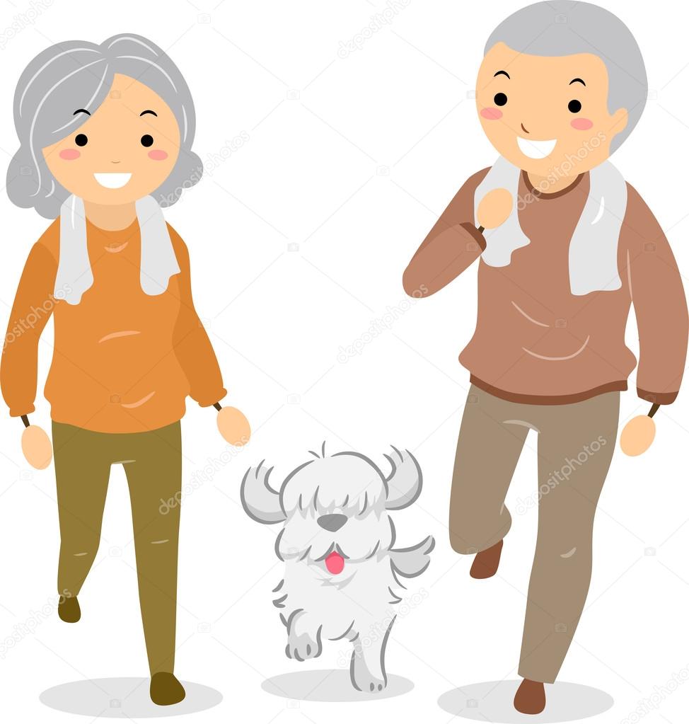 Senior Couple Walking their Dog Stickman