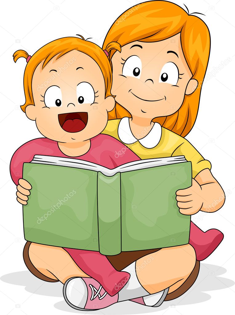 Baby Girl Reading a Book with Sister