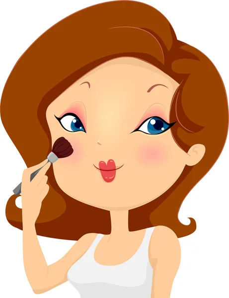 Flicka tillämpa makeup Rouge på kinderna — Stockfoto