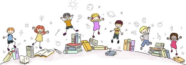 Stickman crianças saltando com livros — Fotografia de Stock