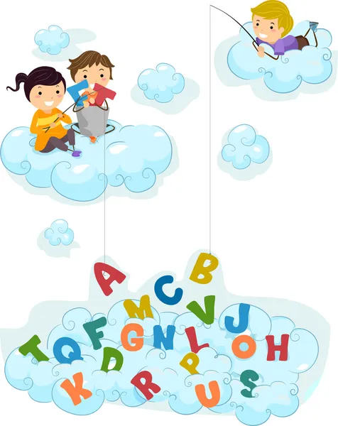 Иллюстрация детей на облаках, ловящих алфавит — стоковое фото