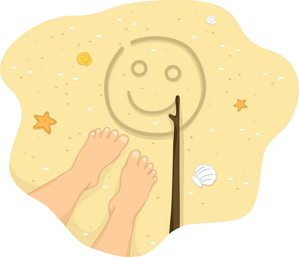 Feet with Smiley Drawing on the Beach — Stock Photo, Image