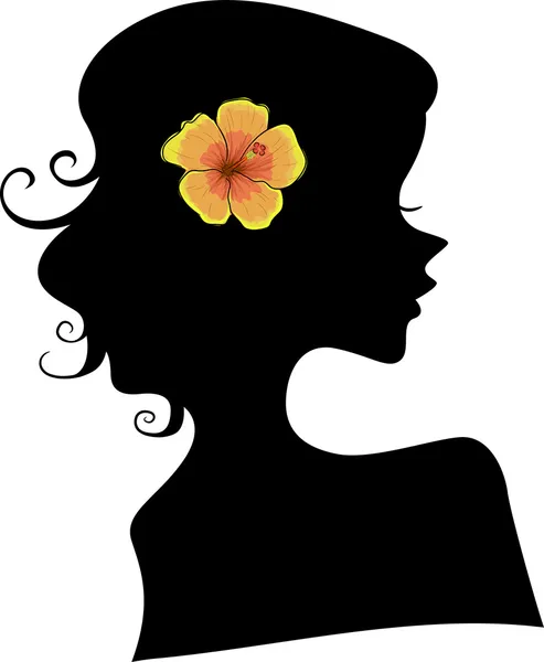 Silhuett av flicka med hibiscus blomma på hår — Stockfoto
