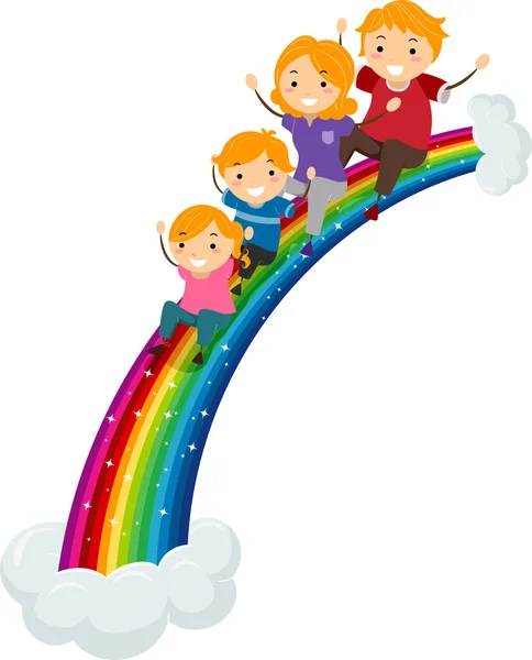 Familie glijden op een regenboog dia — Stockfoto