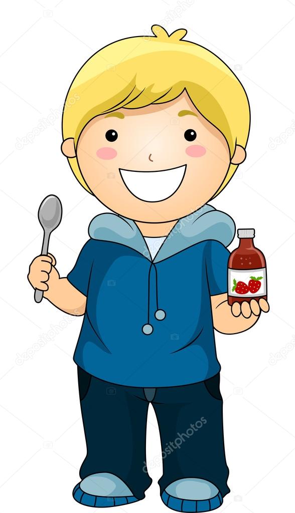 Boy showing Syrup Vitamins — Stock Photo © lenmdp 26419841