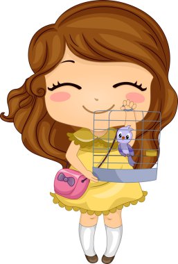 evde beslenen hayvan kuş ile küçük kız