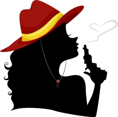 Silhouette of a Cowgirl Blowing the Tip of Pistol clipart