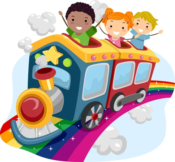 Kinderen op de top van een regenboog trein — Stockfoto