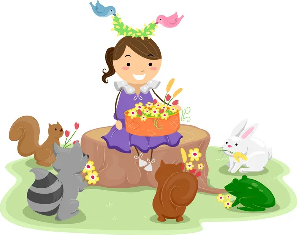 Meisje met een mand van bloemen omgeven door schattige dieren — Stockfoto