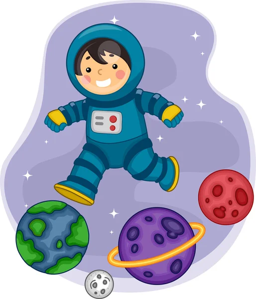 Astronaut Boy Jumping on Planets — Stock Photo, Image