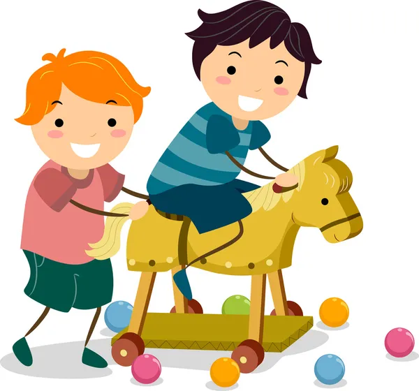 Хлопці з дерев'яним іграшковим конем — стокове фото