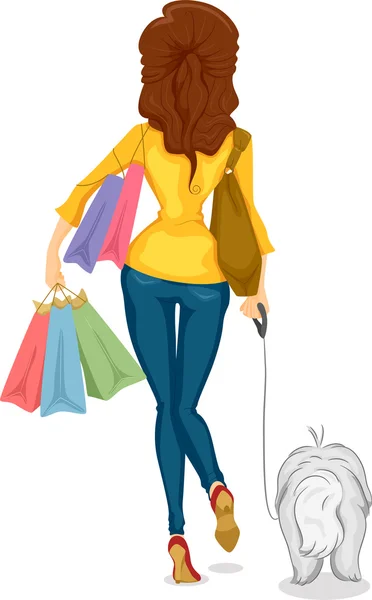 Vista posterior de la chica de compras con perro — Foto de Stock