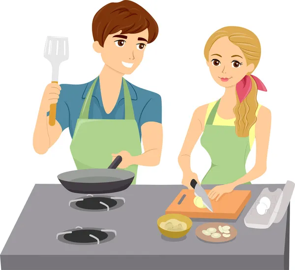 Couple Cooking with Matching Aprons — Stock Photo, Image