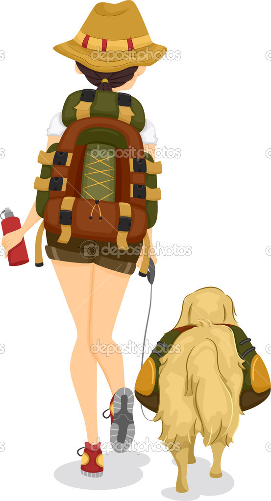 Bir kız ve bir köpeğin Backview Trekking veya Hiking çizimi.