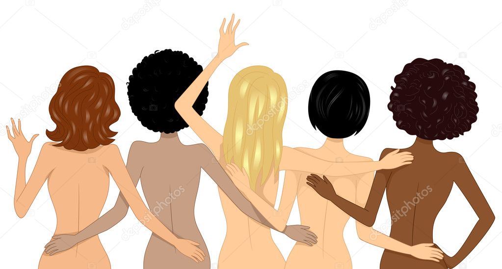 Back View of Nude Multi-racial Girls on the Beach
