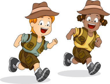 Safari macera için çalışan erkek ve kız çocuklar