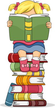 küçük çocuk kız kitap yığını üzerinde oturan bir kitap okuma