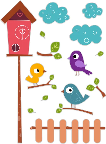 Vogel met birdhouse sticker ontwerpen — Stockfoto