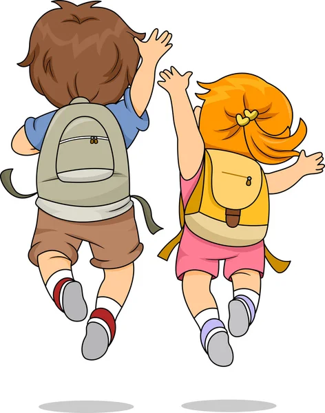 Visão traseira de crianças usando uma mochila saltando — Fotografia de Stock