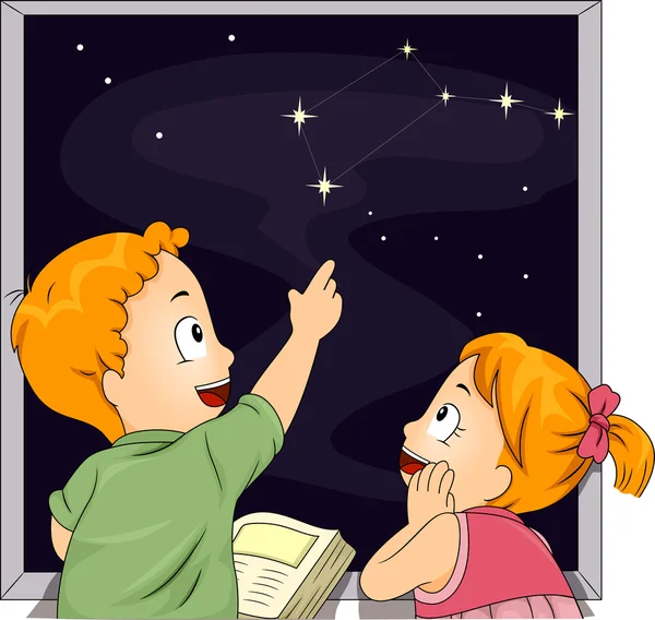 Enfants frères et sœurs qui étudient les constellations — Photo