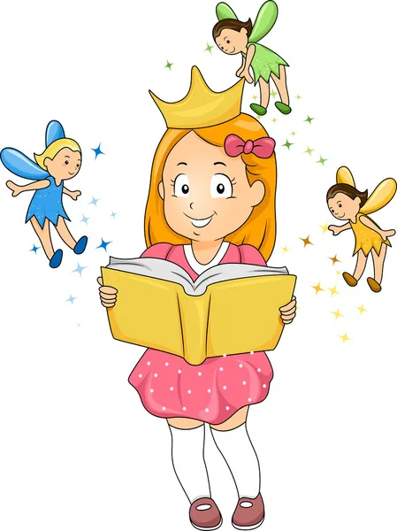 Little Kid Girl reading a Fantasy Book with Fairies — Stock Photo, Image