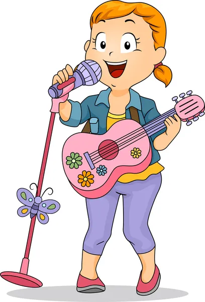 Little Kid Girl Performing using Toy Guitar and Microphone — Stock Photo, Image