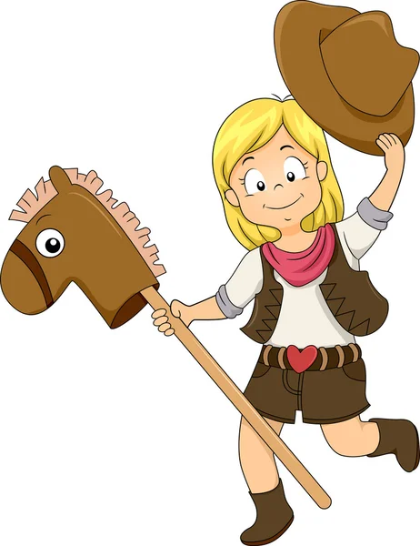 Kid Cowgirl com cavalo de brinquedo — Fotografia de Stock