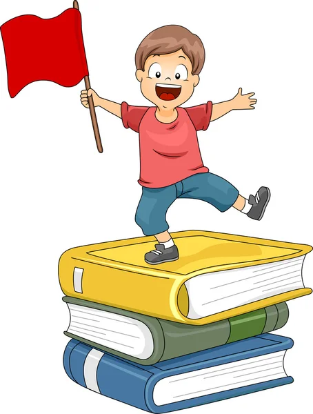 子供の赤い旗を振っている大きな本の山の上に立っている少年 — ストック写真
