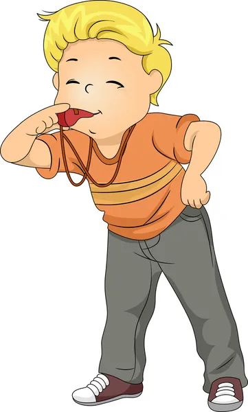 Kid Boy Blowing a Whistle — Stock Photo, Image