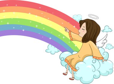 Kız angel bir gökkuşağı ile bulut üzerinde oturan