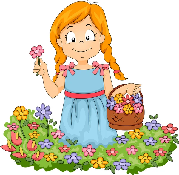 Little Kid Girl Picking Flowers in Garden — Stock Photo, Image