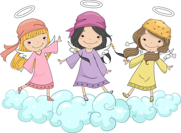 Девушки-ангелы с головными шарфами, стоящие на облаках
